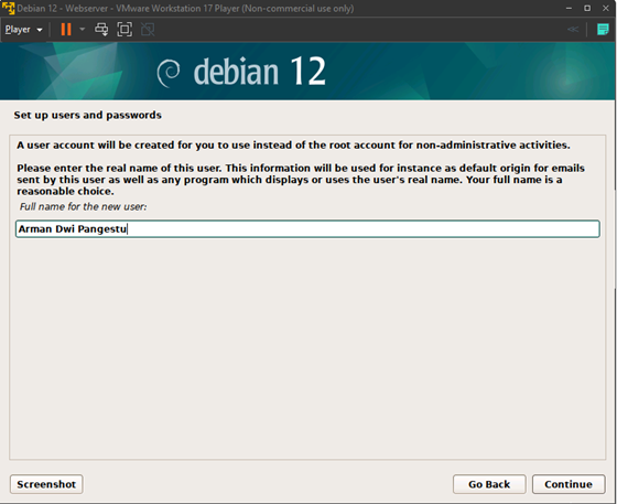 Set up users and passwords full name for the new user